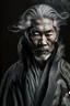 Placeholder: a photo of an Asian man with ethnic jewelry, grey hair and grey flowing robe, in style of Annie Leibovitz, contemporary portrait of a mature yet beautiful and modernist man, black and grey, detailed masculine face, swirling fluid smokey enigma, award-winning artwork