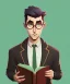 Placeholder: Fit man in round glasses with bookshelf in background,no beard, reading book, slim, tie, monotone, green eyes, comic book style, two tone colours, detailed, ink, realistic, handsome, square jaw, big brows, no jacket, bird on the shoulder, spotlight