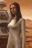 Placeholder: science fiction scene like fantasy on mars 30 years old woman brunette long hair ultrarealistic wet skin raining, tattos photorealistic, wind is blowing, tanned skin collarbones, skinny, space ship behind, all looks like poster from 2250, women looks like nun