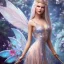 Placeholder: Fantasy cute fairy with wings, smiling, make up, long blond platinum hair, blue eyes, crown, beautiful dress, flowers in background, HQ