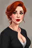 Placeholder: In a realistic, non-anime, cartoon style like Rubine by Walthery: Portrait of 40-year old chubby redhead with thick red lips and smoky eyes who looks like Jewel DeNyle