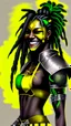 Placeholder: A woman has dark skin, yellow eyes and black dreadlocks. Her face has a slying smile, showing her superiority in the eyes of others. She is dressed in a steel armor with a few pieces of yellow and green fabric sticking out.