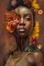 Placeholder: an abstract painting of rusted metal and flowers, african portrait, rust, scaffolding, iron cladding, decay, mixed media, textured, anatomically correct, beautiful perfect face, sharp focus, highly detailed