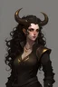 Placeholder: Curvy Full body Tiefling female with pale skin, gold eyes, dark curly hair, rogue