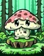 Placeholder: magical kawaii mushroom with a big, frowning mouth and droopy eyes, sitting on a mossy log in a quiet and peaceful forest, lost in its own thoughts, high details, forest background, cute, kawaii style, outline, cartoon style