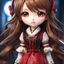 Placeholder: close-up headshot of a chibi girl with long brown hair, vibrant red eyes, cute, childlike, intricately detailed, masterpiece, anime chibi doll, 4k, dress