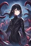 Placeholder: masterpiece, best quality, HD, 1girl, black hair, parasitic bodysuit, looking right, upper body, void dimension, outdoors, watercolor, night, tentacles