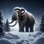 Placeholder: Hyper Realistic UFO above woolly mammoth, snowscape at heavy snowfall night