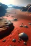 Placeholder: Imagen desde arriba de cerca de la superficie de un planeta desconocido, se puede apreciar el pasaje desertico color rojo, clima seco, con algunas elevaciones rocosas y lagos humeantes, entre rocas algunas animales tipo grandes dinosaurios y vegetacion parecida a la que hay en los desiertos en el planeta tierra
