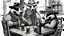 Placeholder: Anthropomorphic American badger wearing a cowboy hat and having a drink at the saloon with his other anthropomorphic animal buddies. Illustration.