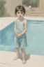 Placeholder: illustration of Charlotte gainsbourg as a toddler, at the swimming pool, style of Marcel Marlier, pastel colors