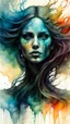 Placeholder: Zdzislaw Beksinski, and Peter Gric style ink wash and watercolors , full body illustration of a beautiful girl highly detailed facial features, mixed to anatomical face view, wildly flowing splash colours , 8k octane, all in focus , no grain, ethereal, otherworldly concept art in vibrant natural colors