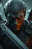 Placeholder: Alien looking up , d&d character art masculine features, with daggers light , deep coal-gray skin, 8k, 3d cgi, unreal engine 6, high detail, intricate, cinematic battle background