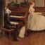 Placeholder: A cat in a historic dress is playing Piano. Background Music notes are dancing. Impressionism