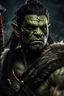 Placeholder: portrait of an orc warrior. braided hair. wearing ornaments. Carrying a battleaxe. High resolution. 4K. 8K. Fantasy style.