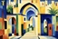 Placeholder: an open gothic_Arab gate in a blue-tiled wall with a view of an old city by artist "August Macke",by artist "Franz Marc"