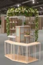 Placeholder: Corner exhibition stand in light colors with wood elements and floristry with two meeting areas