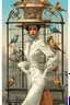 Placeholder: Fashionista wearing a surreal hat which holds a bird cage with birds in it, surreal concept art, by Moebius, by George Grie, by Greg Simpkins, concept art, hyperreal, cool complementary colors.