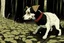 Placeholder: short-haired dog, playing fetch in the woods by Hayao Miyazaki