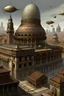 Placeholder: "Describe a Roman-inspired castle surrounded by a city where zeppelins fly overhead. Capture the Roman architectural elements of the castle, such as columns, domes, and marble adornments. Depict the blend of ancient and modern in the city, with streets featuring both Roman-style columns and structures from the World War I era