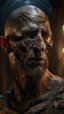 Placeholder: Busch painting style nightmare, a zoomed view man his head is a broken metallic skin texture in a 3d rendering full-height image of a grim and dark scene. Ensure the final images exhibit the utmost quality, with the play of a torch-lit dungeon encompassing 4K, 8K, and 64K resolutions, with 3D rendering that manifests in photorealistic, hyperrealistic, and highly detailed representations. Employ techniques such as HDR, UHD,