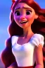 Placeholder: Maria, West Side Story, brown skin, realistic, bright red lipstick, long dark brown hair, white flowy dress with a red ribbon around the waist, singing