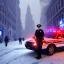 Placeholder: large muscular police officer standing, beside a police car at night, downtown snowy new york at night, dramatic, dramatic lighting, volumetric lighting, hyperrealism, 8k, high quality, photorealistic, lot of details