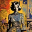 Placeholder: layered stencil layered rubberstamp Chiaroscuro art brut 1960s by Warhol Moody woman wearing an antique dress cat vibrant details shadow and light by basquiat beatnik tiki background deco wallpaper by maxfield Parrish