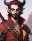 Placeholder: male humanoid tiefling, pirate, pale white skin, yellow eyes, black hair, black beard, tiny ears soft purple lighting, round face, short beard goatee, functional clothes, red coat