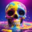 Placeholder: ((Yellow melting skull)), Pixar 3D animation style, glossy fluid form, huge bulging eyes, dripping blue and pink paint, CGI, animated photorealism, digital concept art, detailed vibrance, rainbow pop candy sprinkles, chocolate splash, fantastical, stylised, whimsical and imaginative, soundwaves, depth of field, playful composition, cinematic, soft shadows, smooth texture, ground reflections, photon mapping, 3d neon graffiti aesthetic, pop surrealism, cgsociety, Houdini FX, Mantra render, 8k