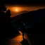 Placeholder: dark night, silhouette of a woman in a sleeveless top, mountains and forests next to the road, a beautiful orange sunrise in the distance, photo quality