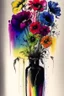 Placeholder: Pen, ink and oil transfer print of flowers in a vase in rainbow colours