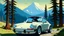 Placeholder: 1989 porche 911, white paint, in a fantasy forest, with mountains in the distance, cartoon style