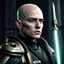 Placeholder: star wars bald male corellian jedi pilot wearing black and gunmetal grey old republic armored robes with gold trim inside the jedi temple holding a lightsaber with viridian green blade in left hand, centered head and shoulders portrait, hyperdetailed, dynamic lighting, hyperdetailed background, 8k resolution, volumetric lighting, light skin, fully symmetric details