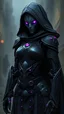 Placeholder: Female Warforged robotic assassin, full body, six slitted glowing purple eyes, cloak, wearing dark black armor covered in runes, medieval style, dungeons and dragons