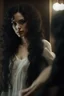 Placeholder: Close up of a beautiful woman with long curly black hair standing in front of a mirror, she doesn't see, but her reflection in the mirror is a dark demon with intense scary eyes looking back at her. Super realistic, 8k high quality