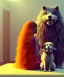 Placeholder: Realistic bedroom scene. big furry monster sitting next to human girl from behind. Wes Anderson style. Red hair, smile, happy, gradient color fog. highly detailed, concept art, unreal engine 5, ray tracing, RTX, lumen lighting, ultra detail, volumetric lighting, 3d, finely drawn, high definition, high resolution.