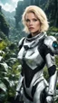 Placeholder: wide-angle Photo of a Sci-fi woman, with blond hair, wearing a silver and black spacesuit looking like an android, on an alien jungle planet