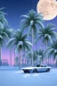 Placeholder: 1980's aesthetic vaporwave palm trees with lighting with moon with bmw in the winter snow