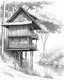 Placeholder: simple tree hut on bamboo tee pen line sketch Inspired by the works of Daniel F. Gerhartz, with a fine art aesthetic and a highly detailed, realistic style