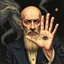 Placeholder: Bald Aleister Crowley holding up hand revealing an eye in his palm, psychedelic illustration, by Dave McKean