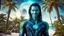 Placeholder: beautiful gorgeous young man na'vi with long hair, Avatar, blue skin, two small ears, green eyes, black hair, in cosmic suit, galactic ambiance, medium pointy goatee , smiling, with spaceship and planets and palm trees and clear crystaline cosmic beach in background