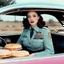 Placeholder: [psychedelic movie by Russ Meyer] Kat Dennings as a policewoman in a car with donuts, vintage 1970's photo