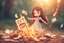 Placeholder: paper money stacks, cute chibi brunette princess desperately throwing a pile of paper money onto a burning bonfire with a pitchfork in sunshine, ethereal, cinematic postprocessing, bokeh, dof