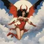 Placeholder: [art by Michael Kaluta] a fleshy skinned alive female devil Flying Winkie Guards shouting to produce ultra-sounds while she flies in the clouds, no dress like a devil