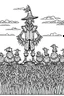 Placeholder: A scarecrow standing in a cornfield, with crows circling overhead. Outline, sketch style, only use outline, mandala style, clean line art, white background, no shadows, no clear wall, coloring page.