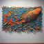 Placeholder: Picture a 3D fish silhouette about 10 feet long and 6 feet high, suspended in the air. The frame has several horizontal ribs, which are covered with overlapping textile pieces in bright blues, oranges, and greens, featuring intricate patterns and textures reminiscent of fish scales. Imagine the scales gently rising and falling in a wave-like pattern. As viewers move around the installation, they see different parts of the sculpture come to life with subtle movements. Soft blue and green lights c