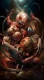 Placeholder: cinematic gore Bosch versus Dali style photorealistic fleshy vortex dmt lsd photo of 2 conjoined mangled insectoid embryonic bodies making love, 1 soul vortex, complementary, anatomically fragmented, ripped apart again being flayed, skinned alive. A beating heart, muscles, blood vessels, bowels, entrails are exposed. Visceral anatomy. physiology. Bosch and Dali inspired hallucinations. mythology. grotesque.