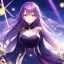 Placeholder: girl, masterpiece, best quality, volumetric lighting, detailed outfit, perfect eyes, long hair, purple hair, golden eyes, landscape, reflective water, shooting stars, night, fireflies, smile,