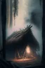 Placeholder: happy primitive hut in the shadows of the forest, depth of field, old photography, mist, smoke, artstation